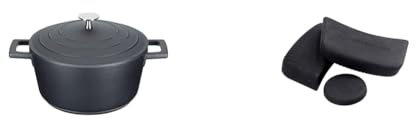 MasterClass Lightweight Casserole Dish with Lid, Cast Aluminium, Black, 2.5 Litre / 20 cm + MasterClass Pan Handle Sleeve Set for Cast Aluminium Casserole Pots, Easy Grip Silicone, 3 Pieces