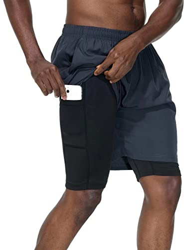 HMIYA män 2 i 1 shorts fitness sportbyxor korta joggingbyxor snabbtorkande löpbyxor med kompressionsshorts och fickor blixtlåsfack