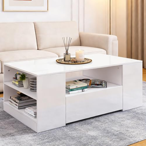 Senvoziii Couchtisch Wohnzimmertisch mit Regal Hochglanz Modern Beistelltisch Kaffeetisch mit 2 Schubladen 95 x 55 x 37cm (Weiß)