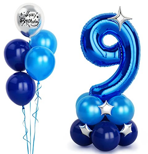 40 Inch Blue Number 9 Balloon With Happy Birthday Metallic Balloons and Star - Self Inflating Helium Foil for Boys Mens Birthday Party Decorations Anniversary