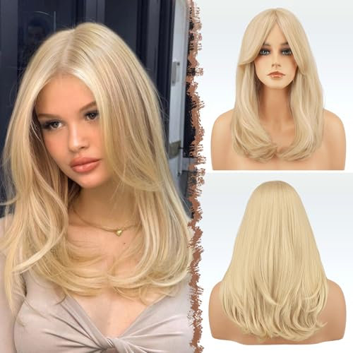 FESHFEN Perruque Longue avec Frange, Blond Clair Naturelle Synthétiques Perruque de Cheveux Perruque pour Femme 45 cm