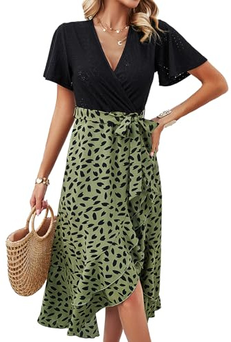 IFFEI Sommarklänning, dam, elegant, slits, boho, blomklänning, lätt, knälång, fritidsklänning med bälte, Grön, M