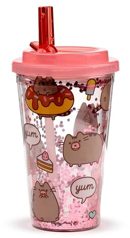 Puckator Shatterproof Pusheen Foodie Double Walled Cup & Straw - Insulated Tumbler - Cups with Lids and Straws for Adults Children - Travel Thermal Cup with Straw - Water Bottles with Staw