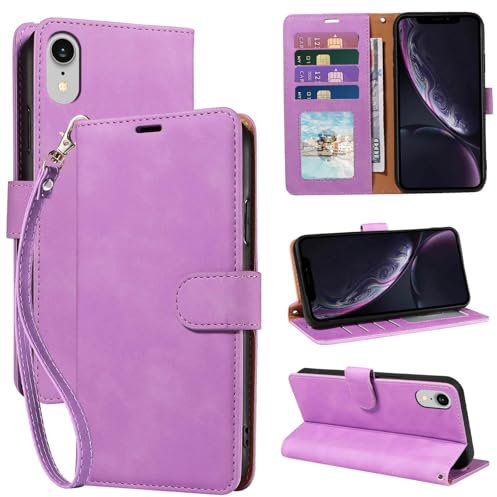 GOTOURED for iPhone XR Wallet Case, [RFID Blocking 4 Card Slots] [Wrist Strap] [Kickstand] Magnetic Closure Shockproof Protective Soft Leather Flip Cover Phone Case for iPhone XR (Purple)