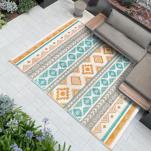 Famibay Tapis Exterieur Resistant Pluie Réversible Tapis Exterieur 120x180cm Résistant Aux UV Plastique Gris Jaune Teal Tapis pour Terrasse Camping Jardin Balcon