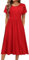 Hotouch Sommerkleider Damen Rundhals A-Linie Kleider Einfarbig Strandkleid Elegant Kurzarm Freizeitkleid Midi Kleid mit Taschen Rot L