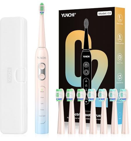 YUNCHI C2 Electric Toothbrush for Adults, USB-C Rechargeable Sonic Toothbrush with 5 Modes and 2 Minutes Timer, Soft Bristles 8 Brush Heads and Travel Case, Light Blue and Yellow Gradient