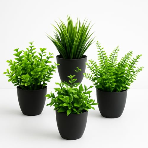DEBONTRES Fake Plants Set of 4 in Black Pots – Artificial Indoor Home Decor