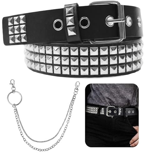 Hiuyavy Rivet Studded Belt, Rivet Belt Rock PU Leather Punk with Chain, Pyramid for Jeans Rockwear(Black)
