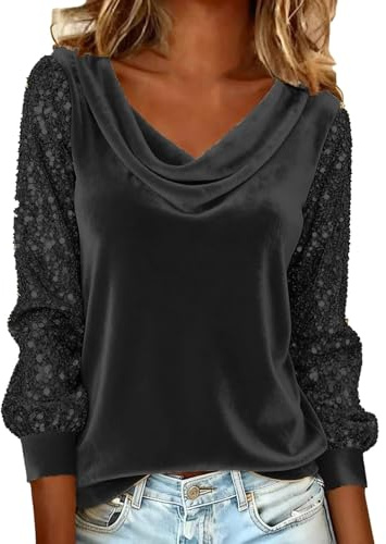 Top Fiesta Mujer Lentejuelas Blusas de Mujer Elegantes Fiestas Terciopelo Blusa Fiesta Camiseta Elegante Manga Larga Camisa Básico Cuello en V Camisetas Talla Grande Chic Tops Brillante Boda Oficina