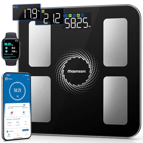 Bilancia Pesapersone Digitale Intelligente, Bilancia Impedenziometrica con Schermo a Colori 6-in-1 Scorrevole, 20 Indicatori, Grasso Corporeo e BMI, Compatibile iOS & Android, Max. 180 kg / 400 lb