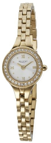 REGENT F-1670 - Reloj de pulsera para mujer, acero inoxidable, color dorado con cristales engastados, 19 mm, cuarzo