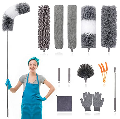 12pcs Microfiber Dusters, Duster with Extension Pole(Stainless Steel) 30 to 100'', Washable Dusters, Bendable Extendable Long Feather Duster for Cleaning Fan, High Ceiling, Blinds, Furniture, Cars