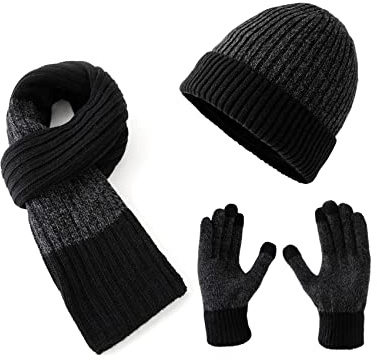 Lallier Winter 3pcs hommes laine chapeau écharpe écran tactile gants ensemble, bonnet chaud tête de mort écharpe thermique gant ensemble pour hommes (Noir)