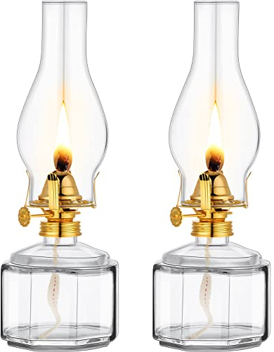 Tuanse 2 Pcs Chamber Oil Lamp for Indoor Use, Classic Kerosene Lamp, Vintage Oil Lanterns, Decorative Hurricane Lantern with Adjustable Fire Wick for Farmhouse Tabletop Decor, 13 in(Clear, Gold)