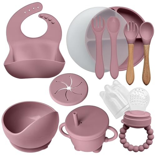 AYBABY Coffret Repas en Silicone pour Bébé (10 pièces) – Assiette & Bol Antidérapants avec Ventouse/Couverts (Fourchette et Cuillère) / Tasse Hermétique/Bavoir & Grignoteuse – Cadeau Naissance (rose)