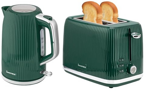 Innoteck Kitchen Pro 1.7L Electric Kettle & Toaster Set - Green Ridged Textured & Stainless-Steel Body - Toaster with Defrost, Reheat & Cancel Functions - Hot Water Boiler with Auto Shut-Off Functions