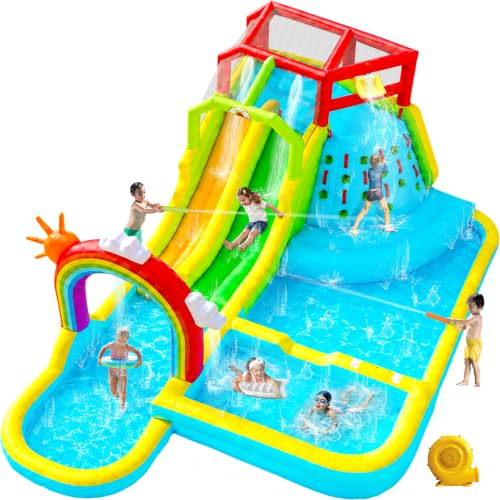 WELLFUNTIME Inflatable Water Double Slides Park with Blower, Bouncy Castle with Rainbow Water Curtain, with Shooting and Rock Climbing