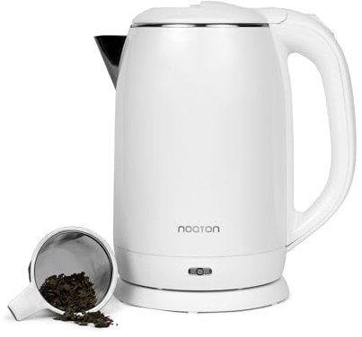 Noaton K1W Basic, Elektrische Wasserkocher, Kapazität 2L, Doppelwand-Design, Edelstahl, 1500 W, Leise, 360°-Sockel, BPA frei, Weiß