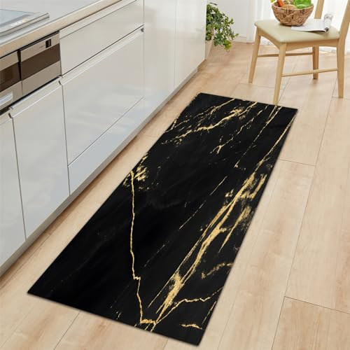 Küchenteppiche rutschfest Waschbar Teppiche 60x180cm, Marmorstruktur Küchenläufer, Schwarzes Gold Bodenmatte für Küche Flur Eingang Spüle, Saugfähige Küchenmatte