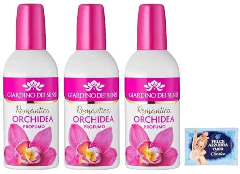 3x Giardino dei Sensi Profumo Romantica Orchidea, Profumo da Donna - Note Aromatiche Intense e Femminili 100ml + 1 Confezione di Talco Felce Azzurra in omaggio, Busta da 100g