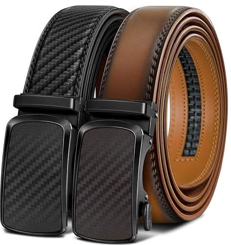 BULLIANT Ceinture 2 Pièces, Ceinture Homme Automatique en Cuir pour Hommes Largeur 35mm Cadeau Box,Taille Ajustable(Marron clair/noir,105cm/28-34 taille réglable)