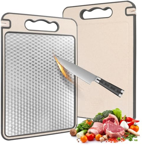 Tabla de cortar de acero inoxidable, de doble cara, de acero inoxidable, con diseño de rombos, con piedra de afilar, tablas de cortar de cocina con asa, antideslizante, apta para lavavajillas