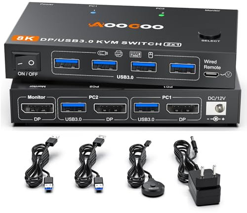 KVM Switch 2 PC 1 Monitore 8K@60Hz/4K@240Hz DP1.4 KVM Switches,2 in 1 out Displayport KVM mit Netzteil und USB3.0-Kabel im Lieferumfang enthalten