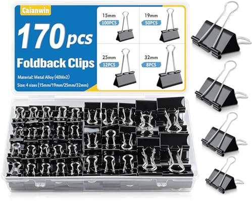 170 Stück Schwarz Foldback Klammern Set，Caianwin 15/19/25/32mm Binder Clips Metall Büroklammern Vielzweckklammern,Dokumenten Clips Papierklammern Metall für Schule Bürobedarf Briefpapier Notizen