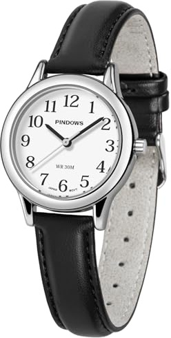 PINDOWS Slim Minimalist Quartz Analog Watch for Women, Gold-Tone Case with Black Leather Strap, Fashionable, Elegant Everyday Dress Wristwatch