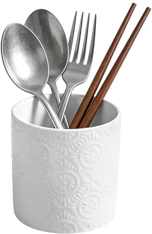 Kaiyzo Porta Utensilios de Cocina Soporte Utensilios Cocina de Ceramica Bote Utensilio en Relieve, 10,6 x 10 cm Soporte Cubiertos para Organizar la Encimera y Guardar Cubiertos, Cucharas, Blanco