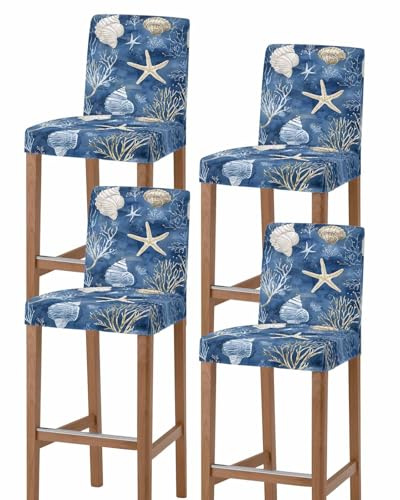 Navy Blue Coastal Bar Stool Covers Set of 4, Nautical Beach Starfish Coral Summer Stretch Washable Bar Chair Covers with Backs, Removable Pub Counter Height Chair Cover for Kitchen Dining Room Cafe