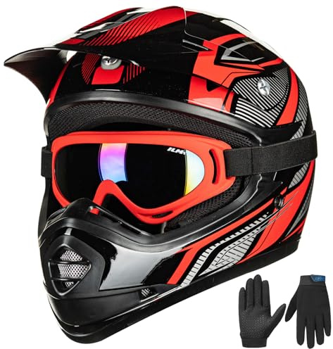 ILM Casco Moto Niño Motocross Dirt Bike para Jóven Unisex Homologado ECE22.06 Full Face Off Road ATV Enduro MTB Todoterreno con Gafas Guantes Modelo B07,Rojo Negro,S