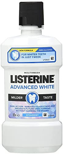 Listerine Advanced White Milder Taste (Zero Alcohol) Mouthwash (500ml), Fluoride Mouthwash to Whiten and Protect from New Stains While Remineralising and Strengthening Teeth