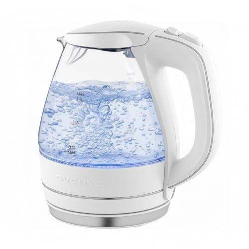 OVENTE Electric Kettle, 1.5L Borosilicate Glass Countertop Water Heater and Boiler for Coffee or Tea, BPA-Free, Auto Shut-Off, Boil-Dry Protection, Removable and Washable Spout Filter, White KG83W