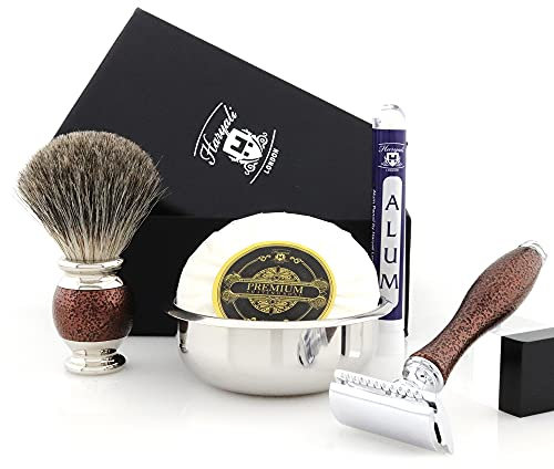 Haryali London - Kit per rasatura da 5 pezzi, rasoio di sicurezza a doppio bordo – Super Badger Pennello da barba – Sapone da barba – Ciotola da barba – allume – set da barba color marrone antico