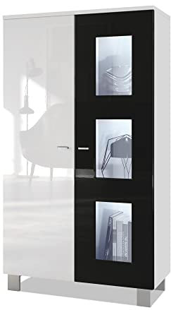 Vladon Vitrine Denjo, Made in Germany, Standvitrine mit 2 Türen und 3 Glaseinsätzen, Weiß matt/Schwarz Hochglanz, inkl. LED-Beleuchtung (71 x 129 x 35 cm)
