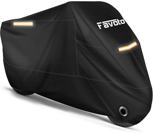 Favoto Motorcycle Cover Waterproof Outdoor All Season Weather Sun Rain Protection Night Reflective with Lock-Holes & Storage Bag Fits up to 96.5 Motorcycles Powersports Vehicle Cover