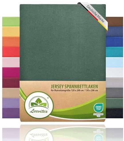 leevitex® Spannbettlaken 120x200cm - 130x200cm | Spannbetttuch Bettlaken | 100% Jersey Baumwolle | Matratzenhöhe bis 25 cm | Ökotex | Dunkelgrün