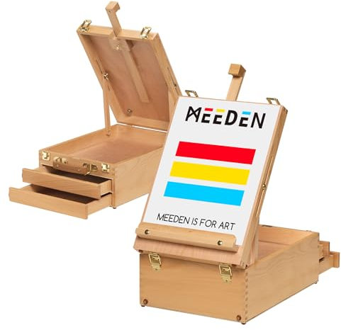 MEEDEN Schreibtisch Skizzenkasten Kunststaffelei – Multifunktionale, Verstellbare Skizzenbox aus Buchenholz mit 2 Schubladen für PleinAir-Künstler, Kunststudenten und Anfänger