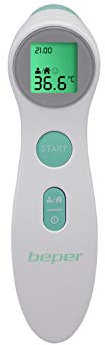 BEPER P303Med001 Termometro Febbre Infrarossi, senza Contatto, Misurazione Corporea/Liquidi/Oggetti e Superfici, Display LCD Retroilluminato, Memoria 10 Misurazioni, Bianco/Verde Acqua