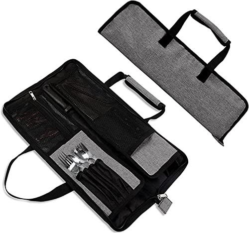 Qchengsan Borsa arrotolabile per coltelli da chef, in tessuto Oxford resistente, portatile con 13 scomparti, custodia multifunzione per coltelli da chef, grigio, 18 inches in length and 11 inches in