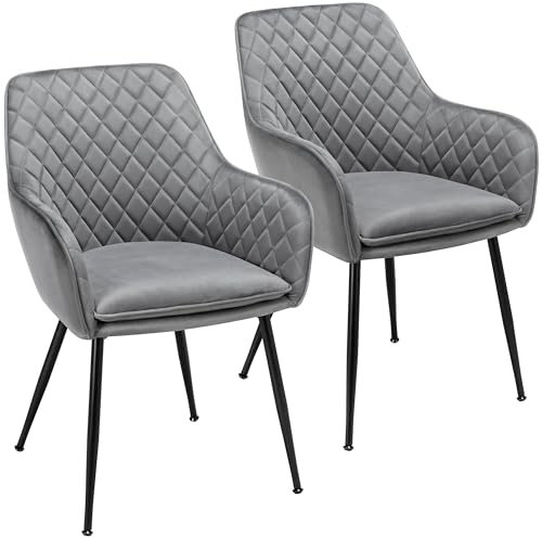 Yaheetech Esszimmerstühle 1er Set Küchenstühle, Polsterstühle mit Armlehnen Metallbeine, Seesel aus Samtstoff für Arbeitszimmer/Wohnzimmer, Hellgrau