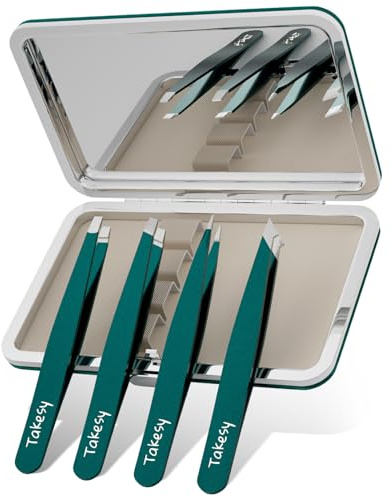 Upgraded Sharp Precision Tweezers for Facial Hair & Chin Hair, Slanted Design for Women & Men Eyebrow Plucker, Great with Travel Mirror Case (Green)
