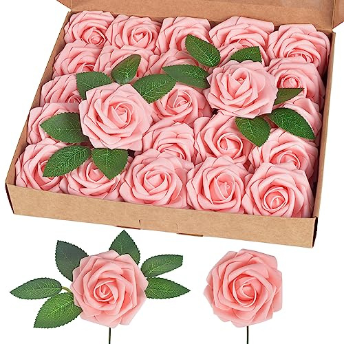 homEdge Rosas artificiales, 25 piezas, flores artificiales de espuma con tallo para decoraciones del hogar, ramos de novia, fiestas, centros de mesa, aniversarios, color rosa intenso