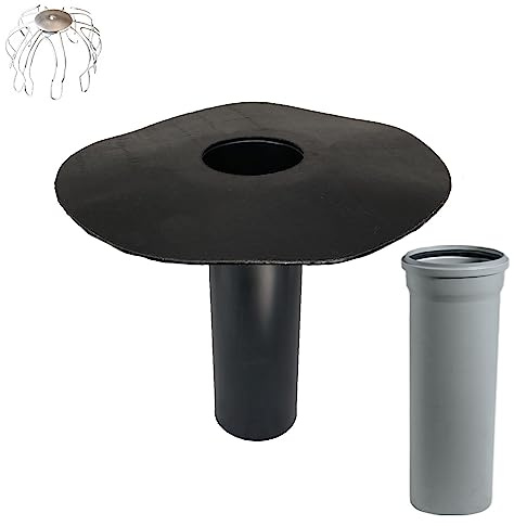 Juego de desagüe plano DN 100/110, incluye cesta recogehojas opcionalmente con arco y tubo HT, brida de betún, toldo, entrada, drenaje del techo (tubo HT de 250 mm)