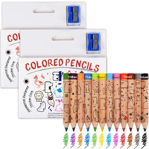 ThEast 24 Short Jumbo Colored Pencils, Cute Animal Pencils for Kids ages 3-12, Hexagonal Thick Pencils with Sharpener, Toddler Coloring Pencils Set, Pre-Sharpened(2 Sets of 12)