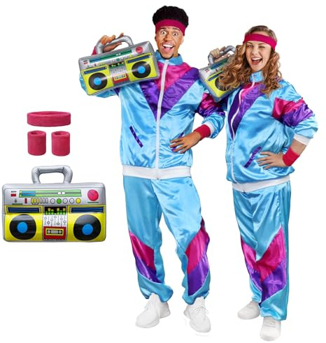 Funnlot 80er Jahre Outfit - 6pcs Kostüm Trainingsanzug für Erwachsene, Fasching Karneval, Damen Herren Paar, Retro Jacke, Accessoires XL
