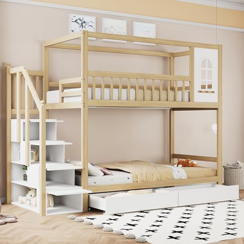 Aoskem Etagenbett Kinderbett 90x200 für 2 Kinder, Hausbett Hochbett mit Treppe & 2 Stauraum Schubladen, Holzbett Bettgestell mit Rausfallschutz und Lattenrost, Kiefer Rahmen, Ohne Matratze (Holzfarbe)