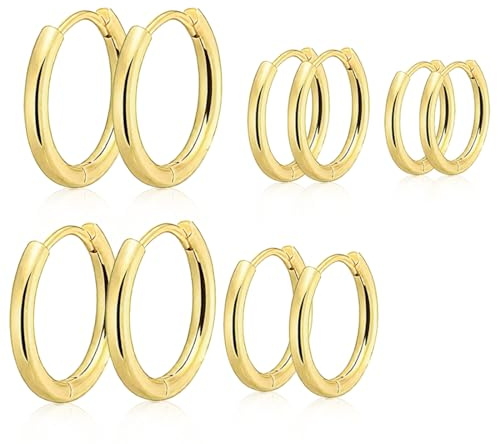 JEYORZY 5 Paires Boucles d'oreilles Créoles en Acier Inoxydable Boucles d'oreilles Cercles Cartilage Anneaux de Nez Lèvres pour Femme Homme, Boucle d Oreille Homme Anneaux, 8/10/12/14/16 mm (Or)